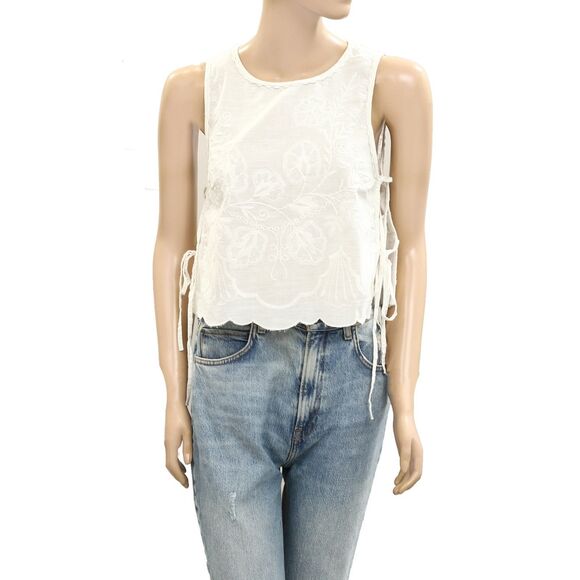 Free People Faded Gardens Tank Cropped Top Floral Embroidered Cotton L 283669 - Picture 6 of 10